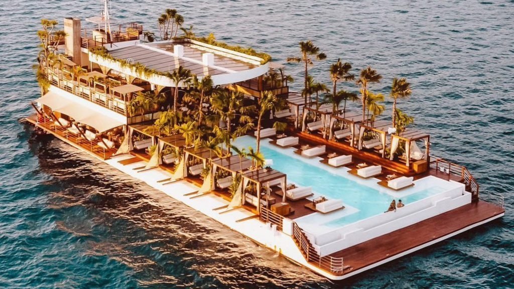YONA Beach Club floating venue with infinity pool anchored off the Phuket coast