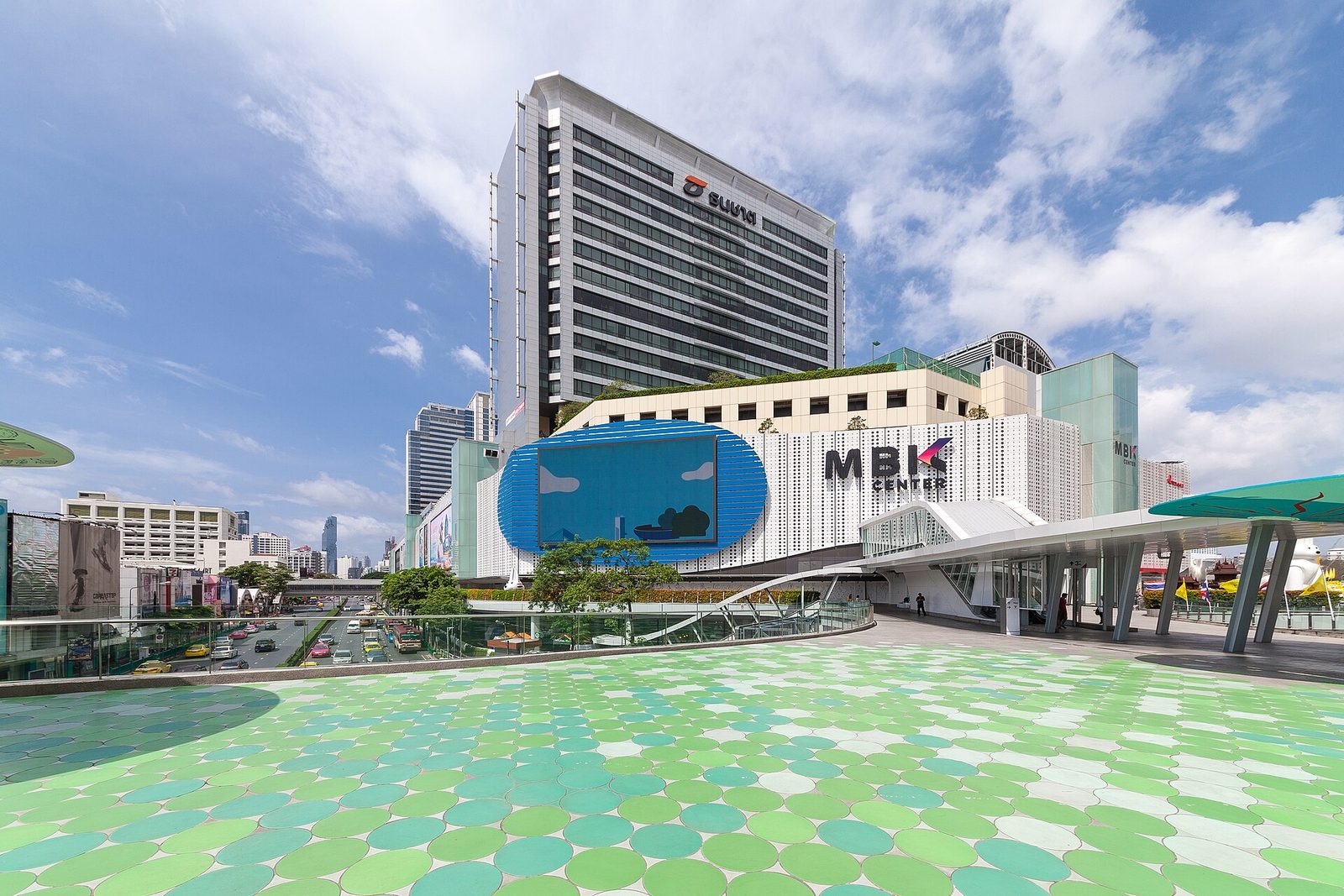 MBK Center shopping mall exterior and skywalk in central Bangkok